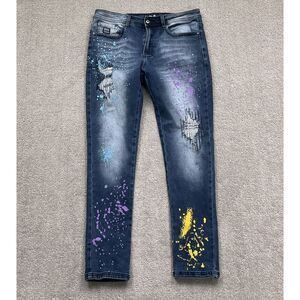 Born Fly Anytown USA Jeans Men 34W 33L Blue Paint Splatter Distressed Streetwear